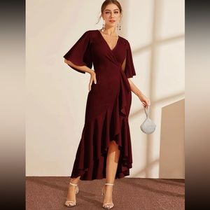 Cape Sleeve Ruffle Trim Asymmetrical Hem Wrap Dress